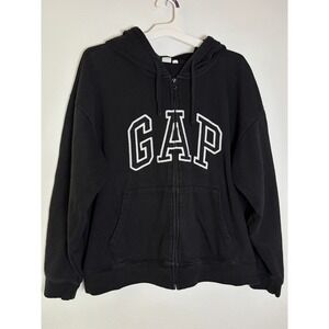 Gap Arch Logo Zip Up Hoodie Mens XL Black White Embroidered Sweatshirt
